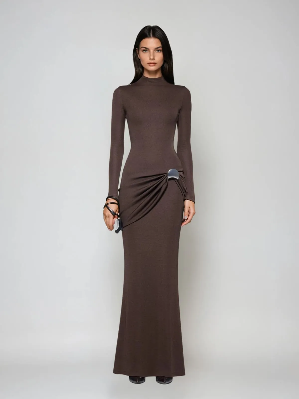 Paeltrix Long Sleeve Ruched Maxi Dress In Brown sold by Mew Mews