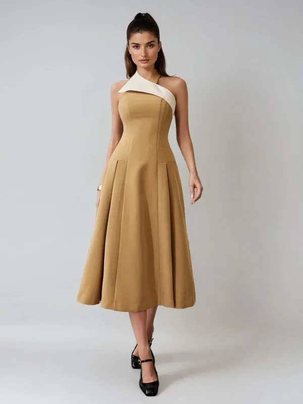 Fazrik Halterneck Midi Dress In Toast Tan sold by Mew Mews