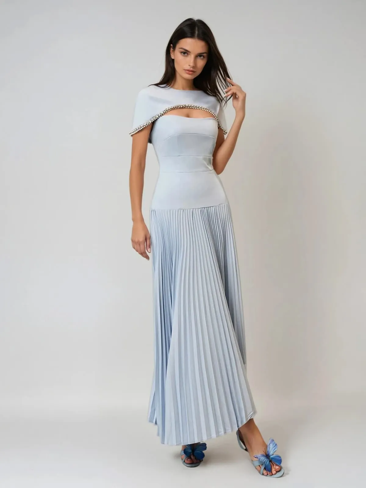 Gryiael Rhinestone Cape Pleat Maxi Dress sold by Mew Mews