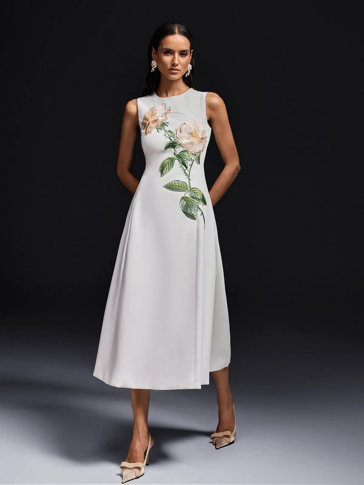 Ogima Sleeveless Flower Embroidered Midi Dress In White sold by Mew Mews product image thumbnail 4