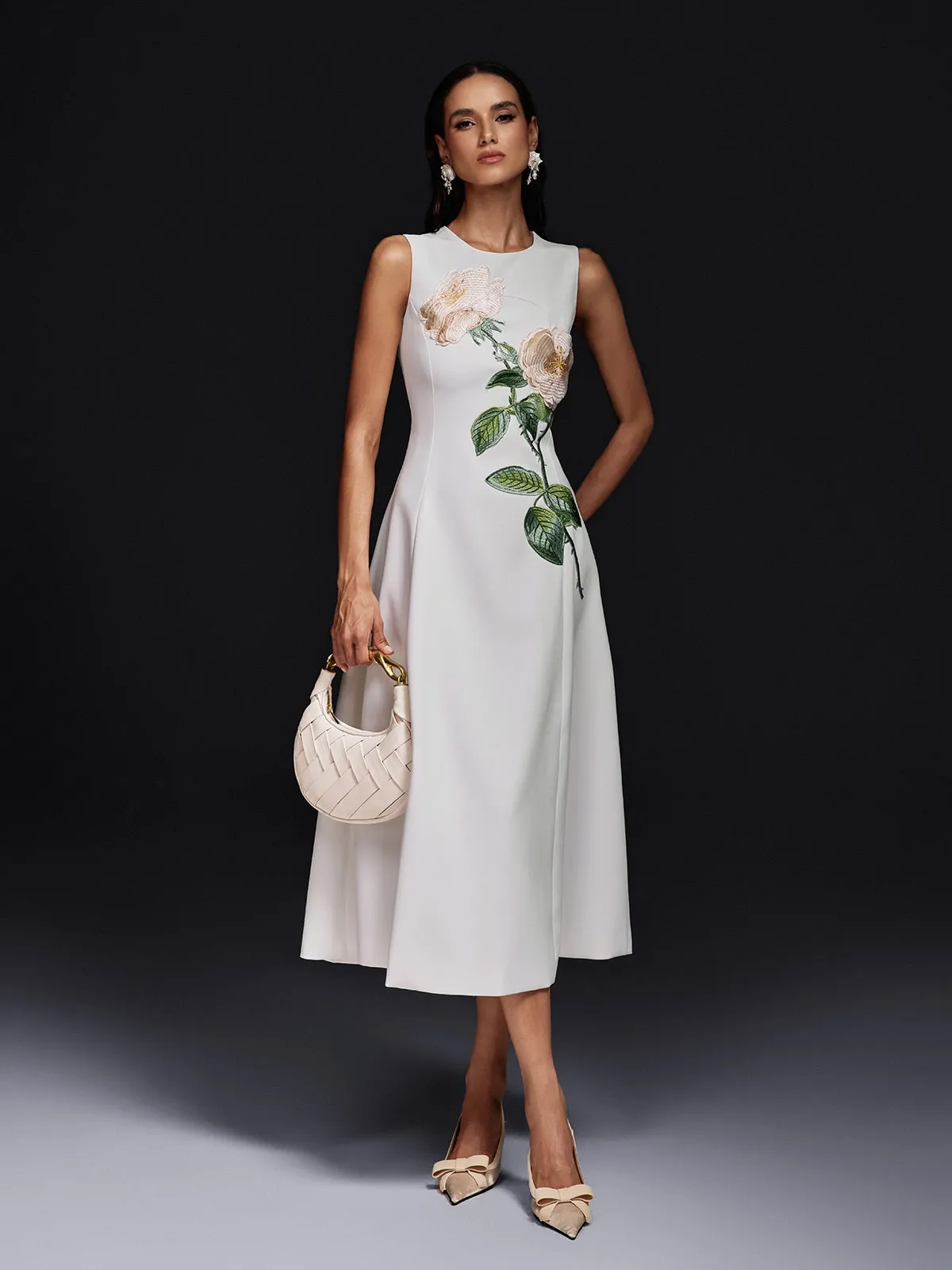 Ogima Sleeveless Flower Embroidered Midi Dress In White sold by Mew Mews
