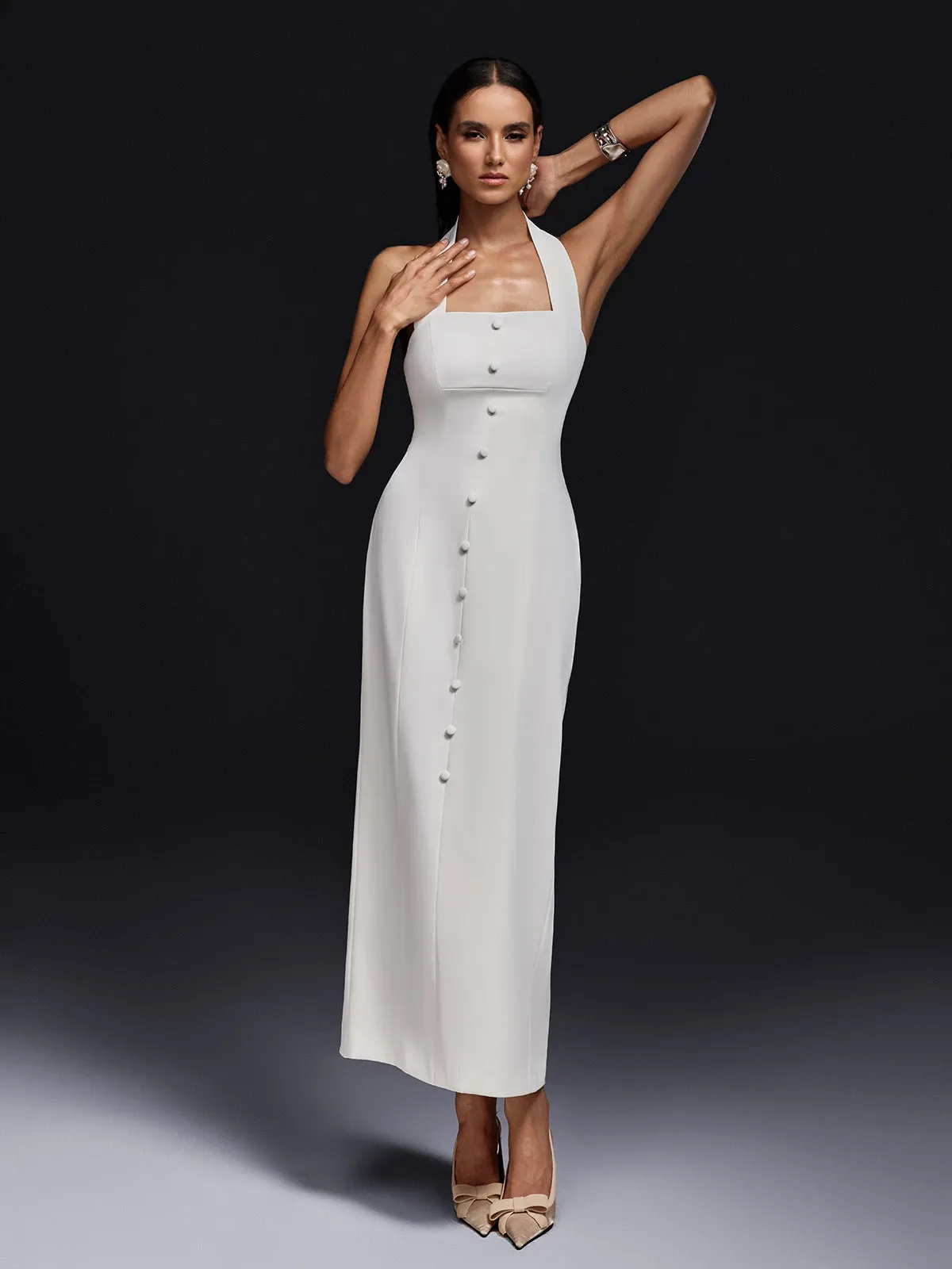 Ogen Halterneck Button Maxi Dress sold by Mew Mews