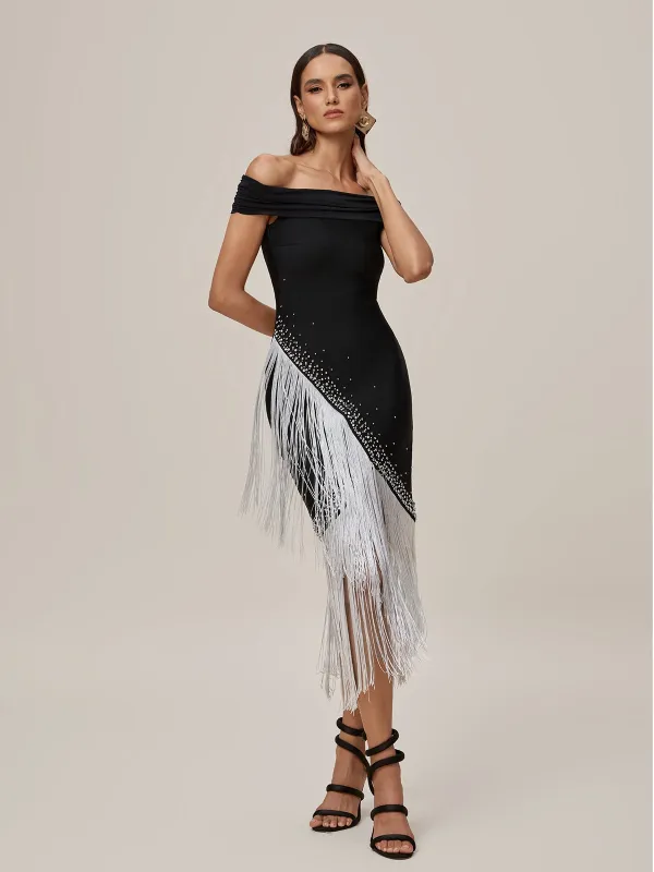 Onatah Off Shoulder Fringe Bandage Midi Dress sold by Mew Mews