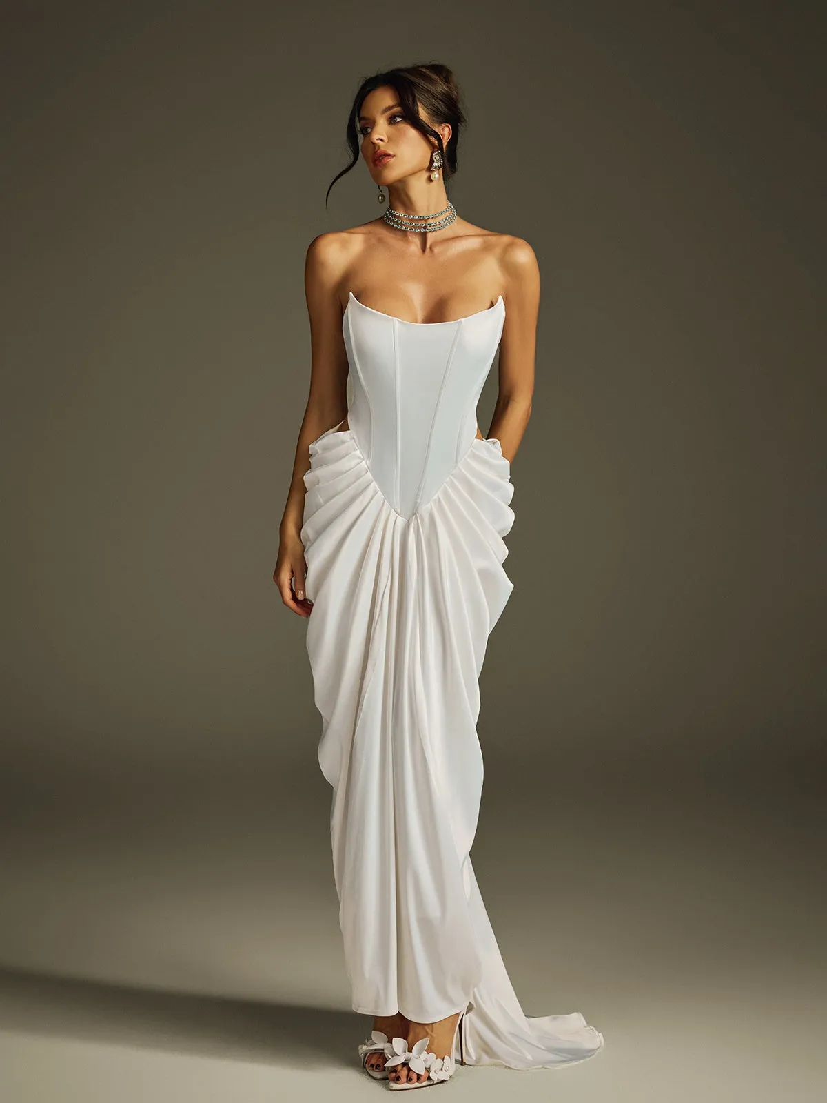 Hryon Strapless Corset Satin Maxi Dress sold by Mew Mews