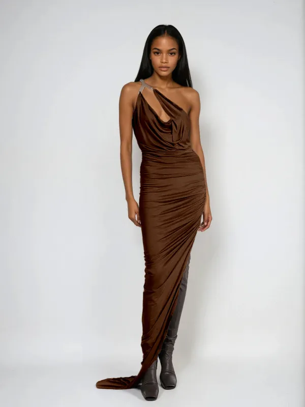 Feyren One Shoulder Split Maxi Dress In Brown sold by Mew Mews