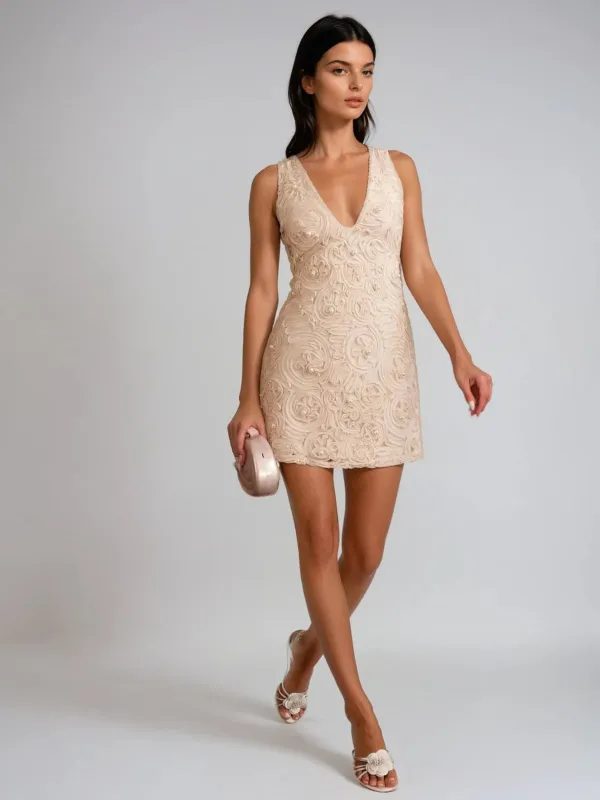 Ozcollo Plunge Neck Floral Pearl Mini Dress sold by Mew Mews