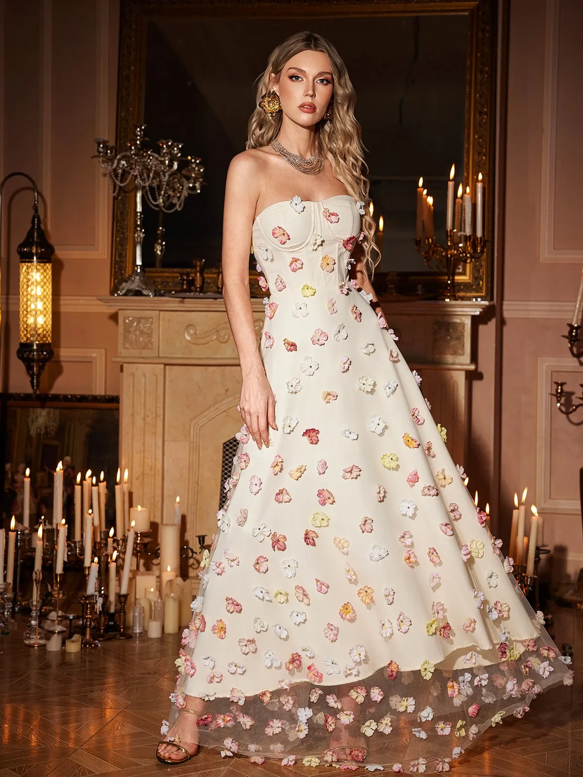 Orli Strapless Flower Maxi Dress sold by Mew Mews