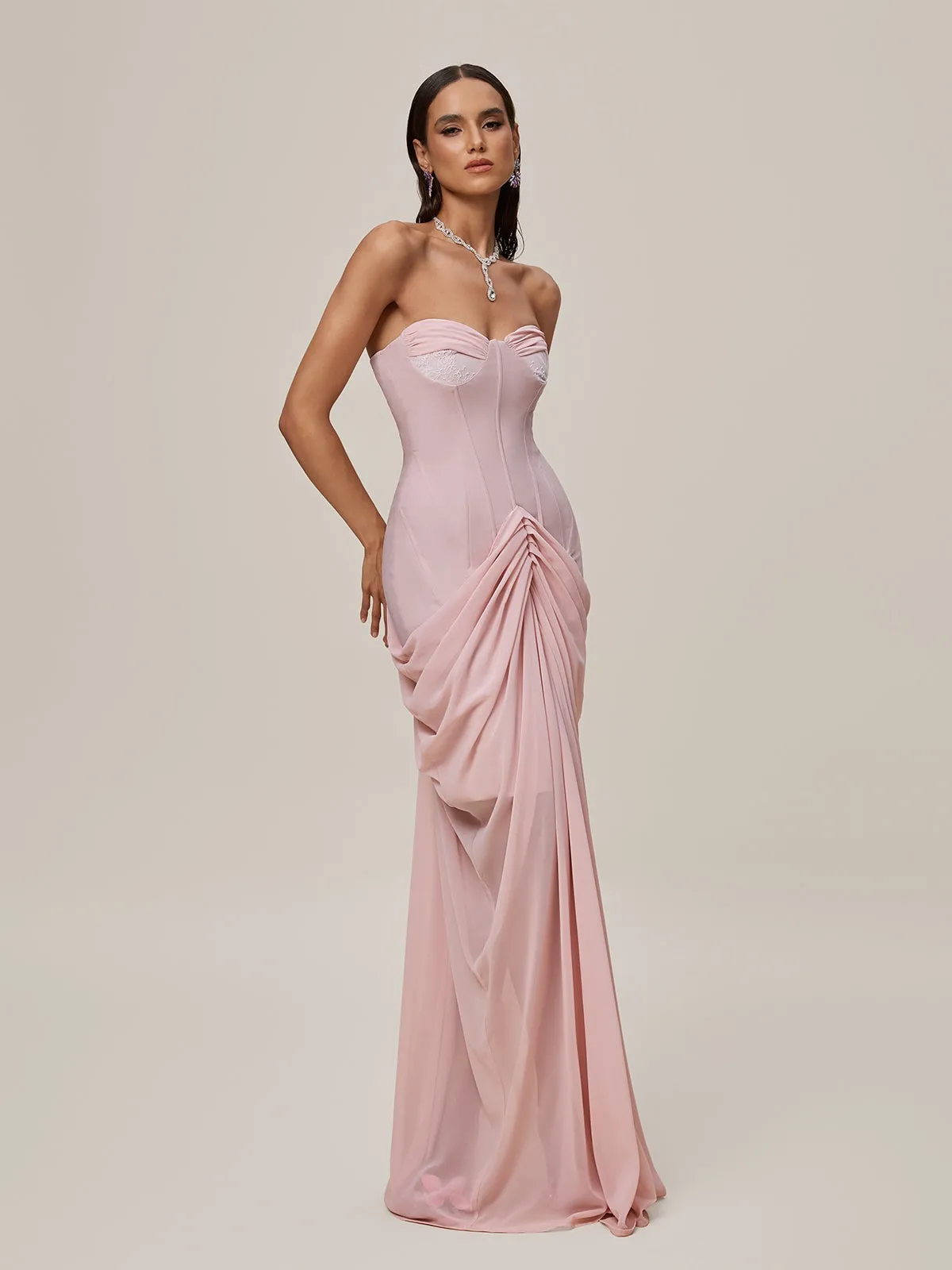 Ordell Strapless Ruched Mesh Maxi Dress sold by Mew Mews product image thumbnail 3