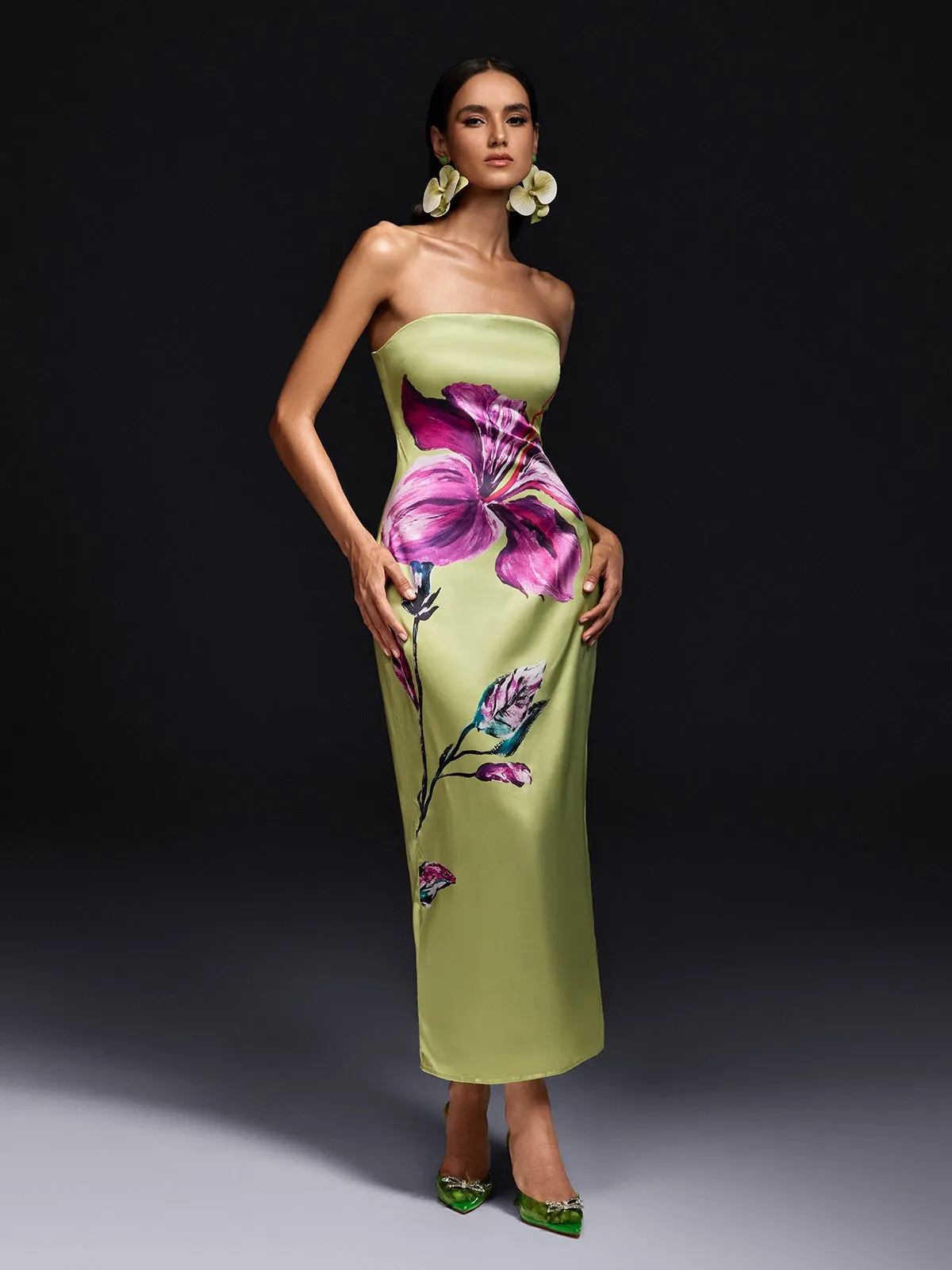 Vryxar Strapless Floral Satin Maxi Dress sold by Mew Mews product image thumbnail 4
