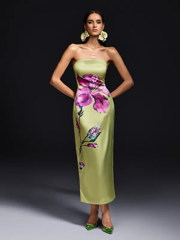 Vryxar Strapless Floral Satin Maxi Dress sold by Mew Mews