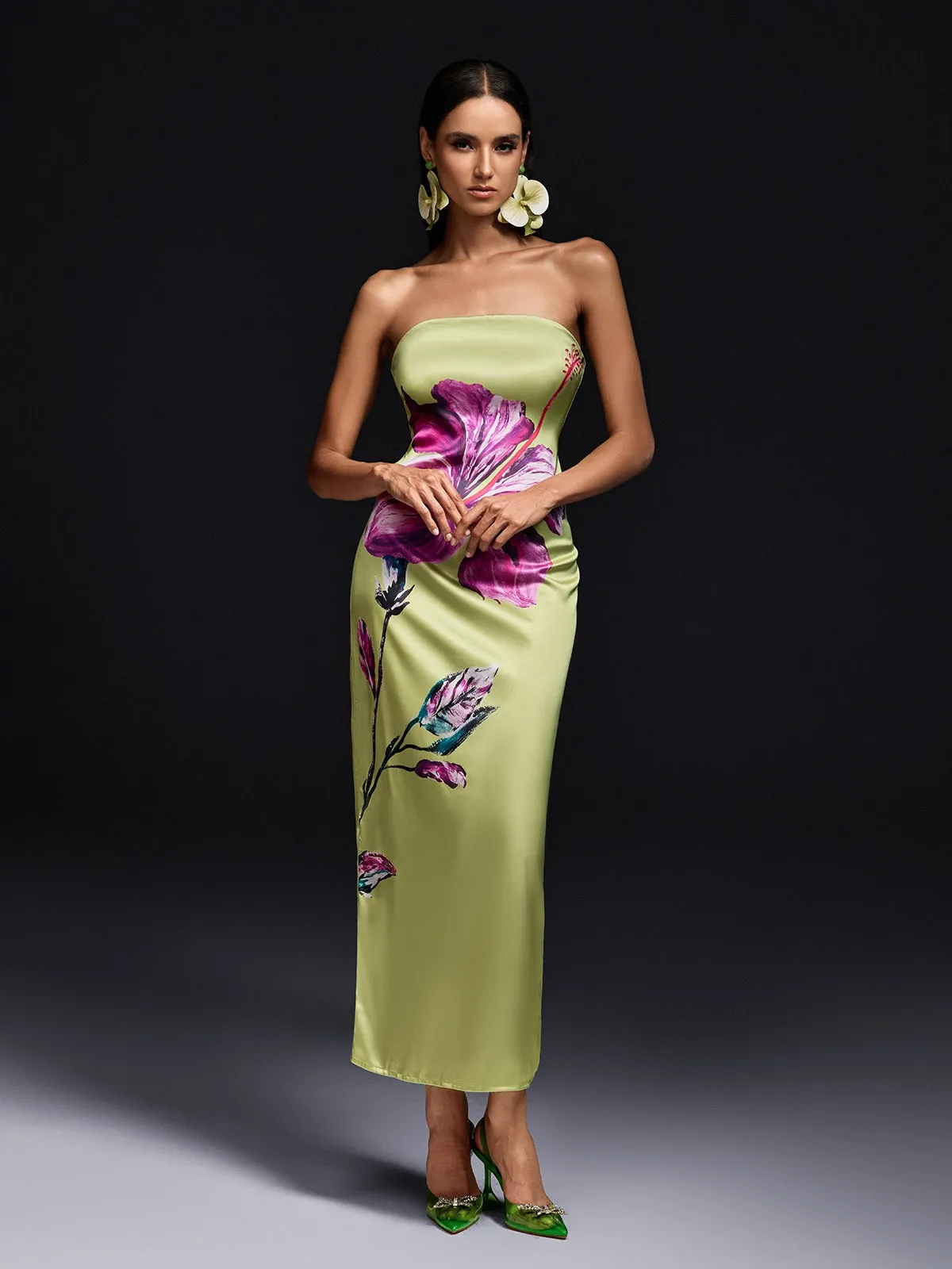 Vryxar Strapless Floral Satin Maxi Dress sold by Mew Mews product image thumbnail 3