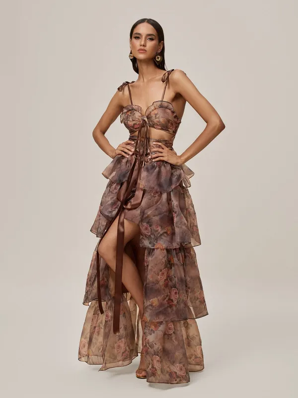 Nalima Floral Printed Skirt Set In Brown sold by Mew Mews