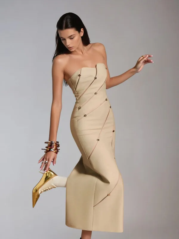 Laethar Strapless Maxi Dress In Khaki sold by Mew Mews
