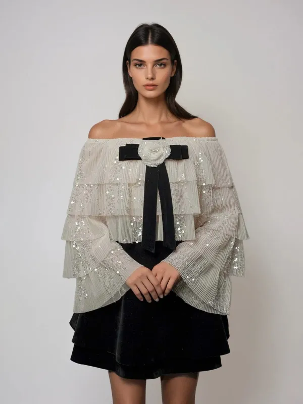 Nyrixon Off Shoulder Sequin Velvet Skirt Set made by Mew Mews