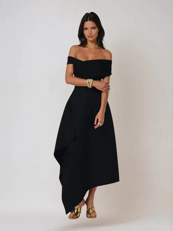 Nyrithia Off Shoulder Ruched Maxi Dress sold by Mew Mews