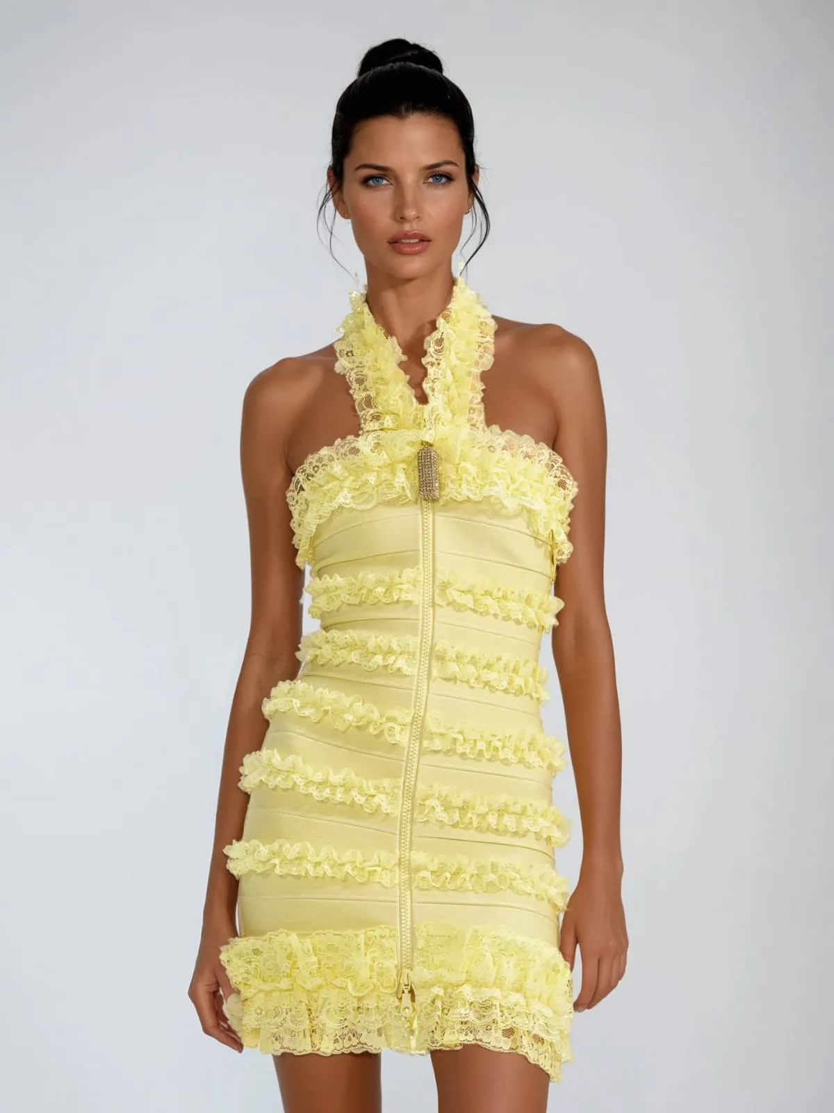 Dyrion Halterneck Ruched Lace Bandage Mini Dress sold by Mew Mews product image thumbnail 2