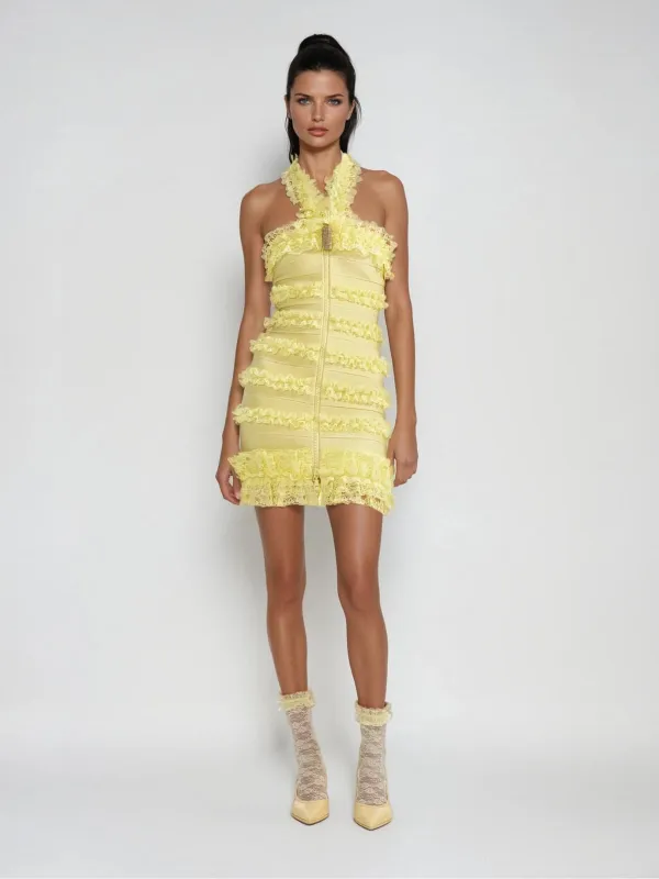 Dyrion Halterneck Ruched Lace Bandage Mini Dress sold by Mew Mews