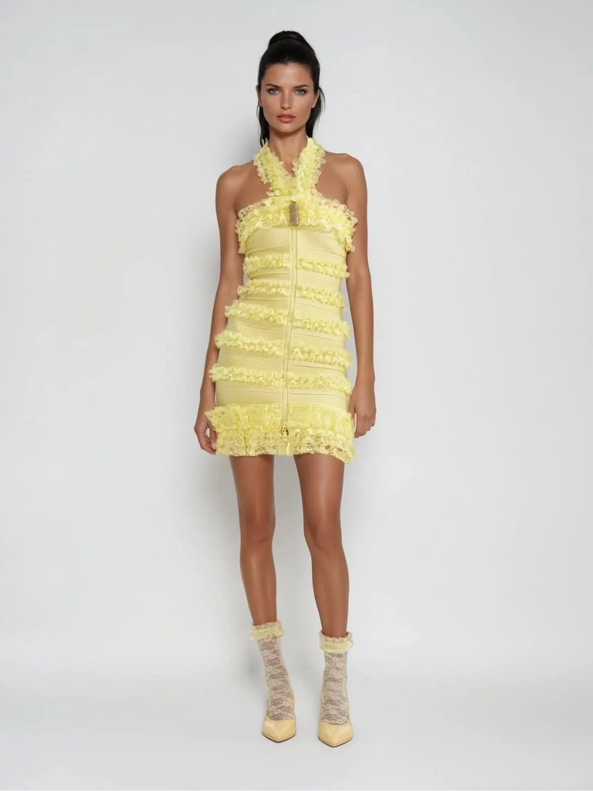 Dyrion Halterneck Ruched Lace Bandage Mini Dress sold by Mew Mews