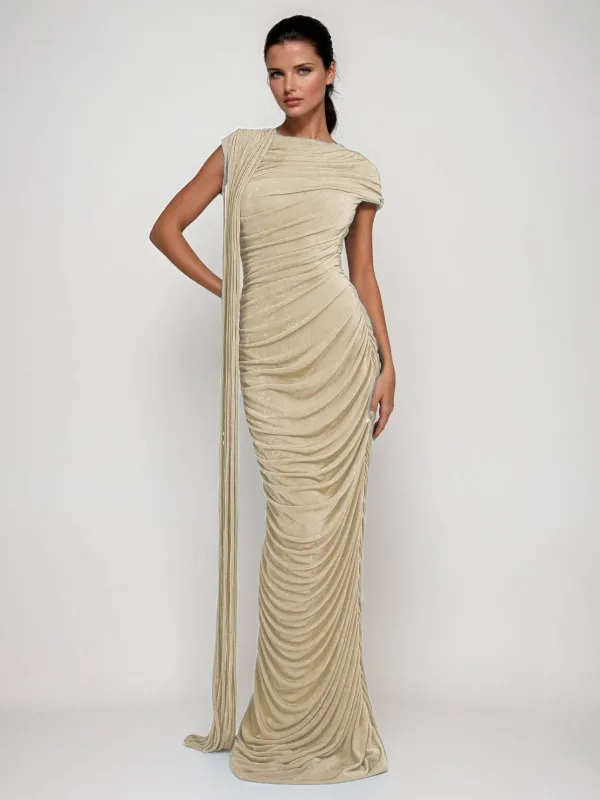 Katinka Draped Maxi Dress In Beige sold by Mew Mews