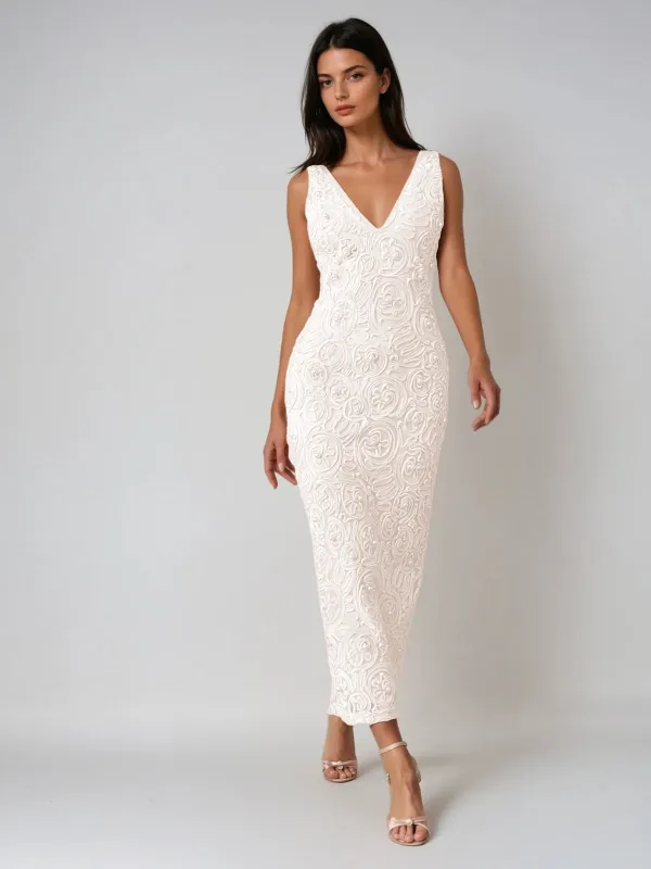 Ozcollo Plunge Neck Floral Pearl Maxi Dress sold by Mew Mews