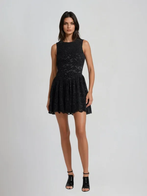 Cyria Sleeveless Embroidered Mini Dress In Black sold by Mew Mews