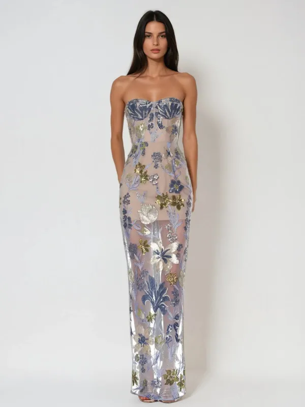 Nakoa Strapless Sequin Embroidered Maxi Dress In Blue sold by Mew Mews