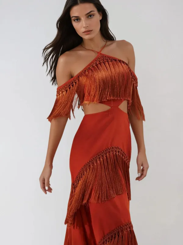 Izumi Fringe Bandage Maxi Dress In Maroon sold by Mew Mews