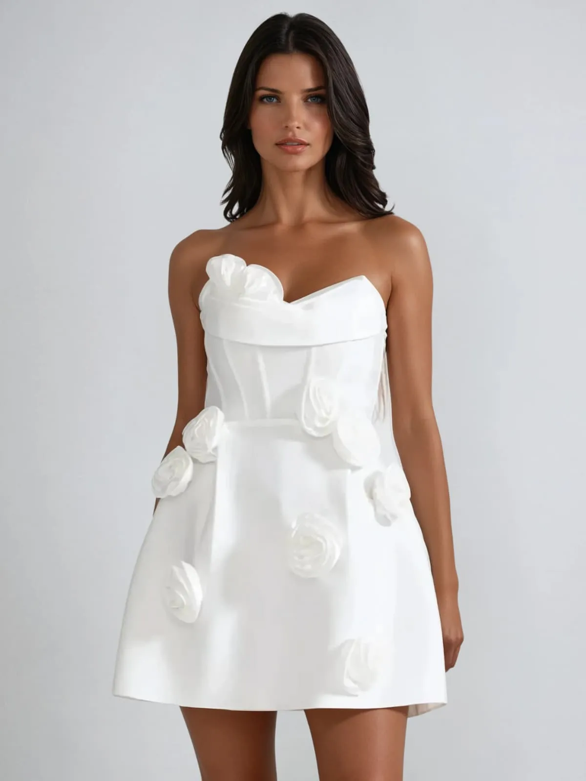 Arushi Strapless Flower Bandage Mini Dress In White sold by Mew Mews