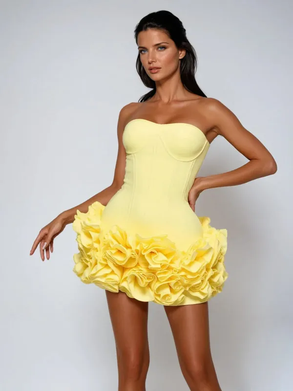 Birtin Strapless Flower Mini Dress In Yellow sold by Mew Mews