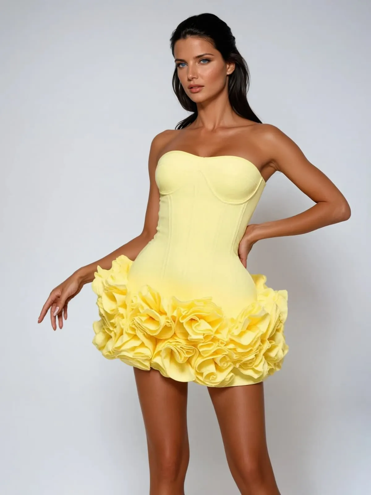 Birtin Strapless Flower Mini Dress In Yellow sold by Mew Mews