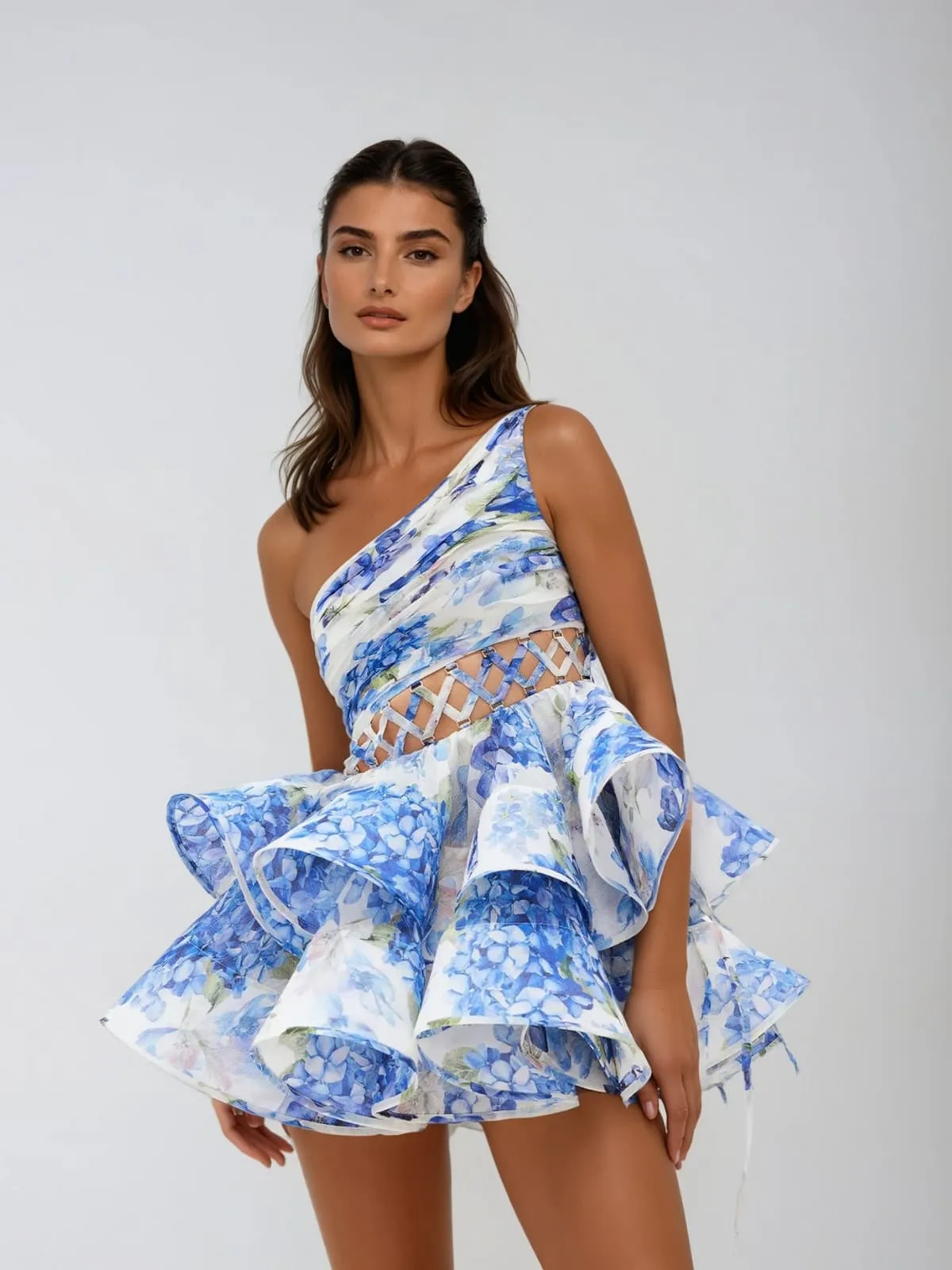 Zexmir One Shoulder Floral Tiered Mini Dress In Blue sold by Mew Mews product image thumbnail 2