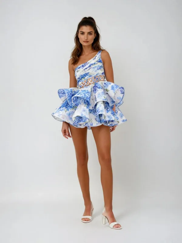 Zexmir One Shoulder Floral Tiered Mini Dress In Blue sold by Mew Mews