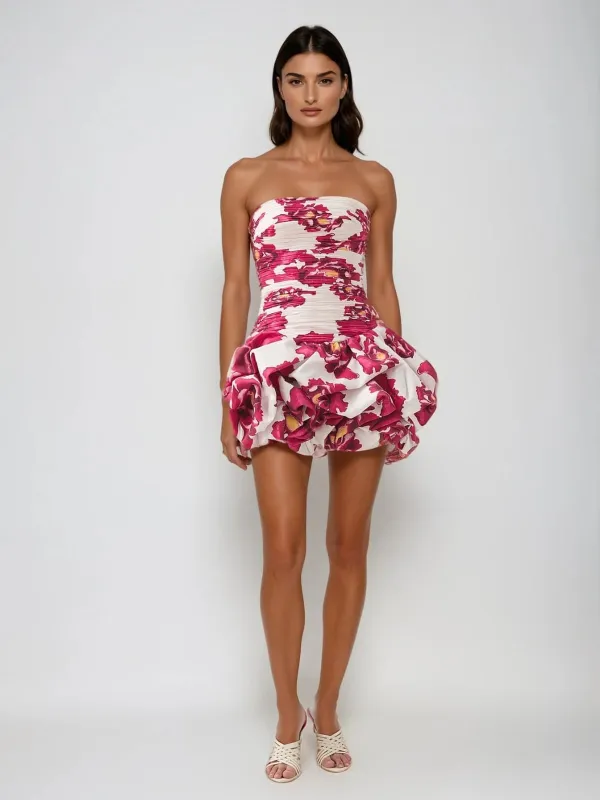Rexmir Strapless Floral Bubble Mini Dress In Poppy sold by Mew Mews