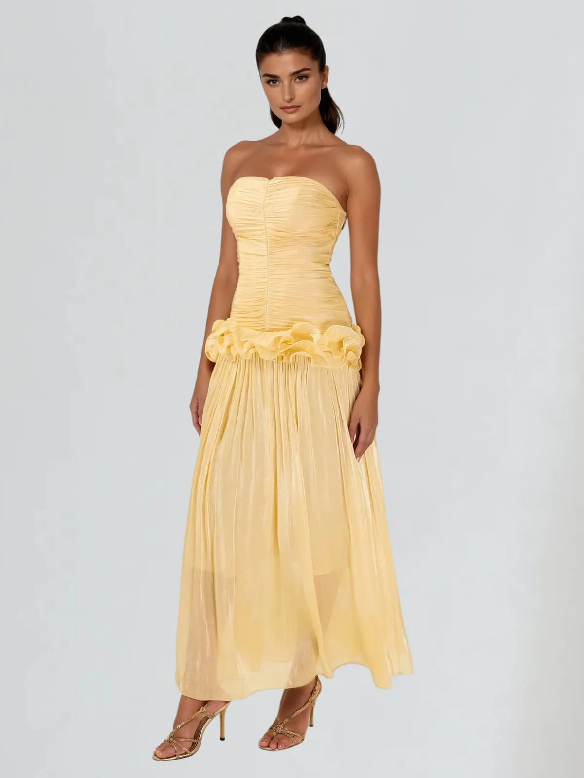 Yryviel Strapless Ruched Ruffle Maxi Dress In Yellow sold by Mew Mews