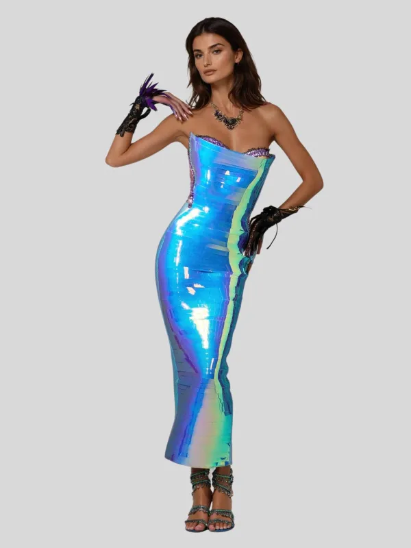 Eadward Strapless Metallic Midi Dress In Blue sold by Mew Mews