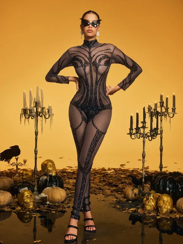 Pamuel Rhinestone Mesh Jumpsuit sold by Mew Mews