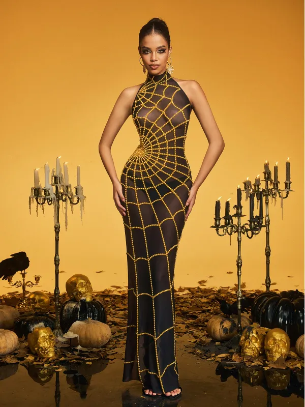 Kaelyra High Neck Cobweb Pearl Maxi Dress In Gold sold by Mew Mews