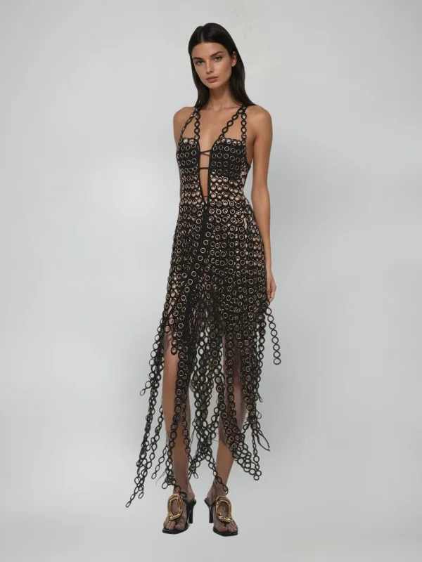 Pzvara Plunge Neck Fringe Cutout Maxi Dress sold by Mew Mews