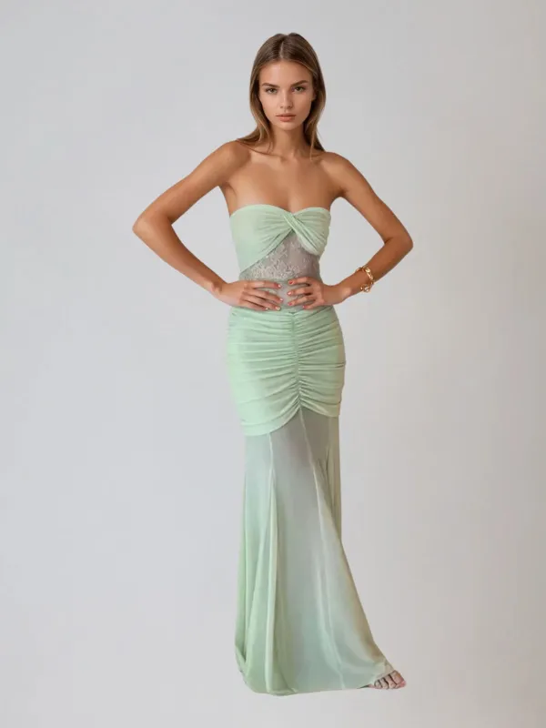 Ridhan Strapless Ruched Mermaid Dress In Green sold by Mew Mews