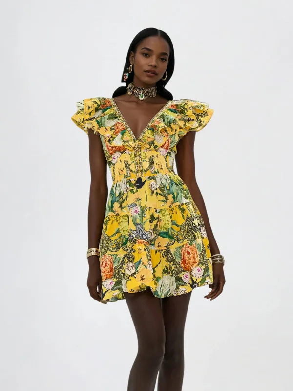Dryon V Neck Ruffle Printed Mini Dress sold by Mew Mews