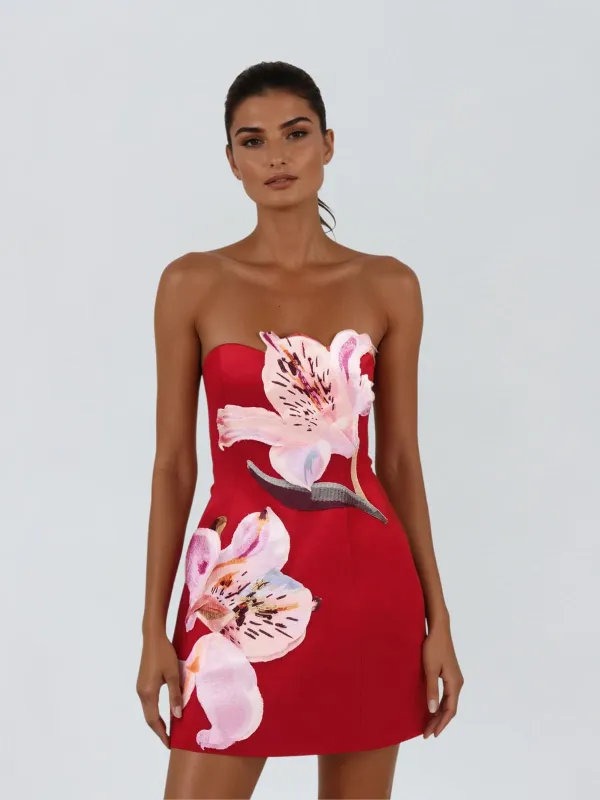 Aglaja Strapless Flower Mini Dress In Hot Pink sold by Mew Mews