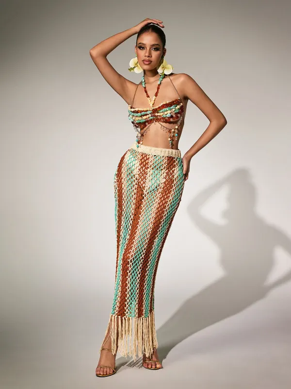 Pthara Beaded Cutout Knitted Fringe Skirt Set sold by Mew Mews