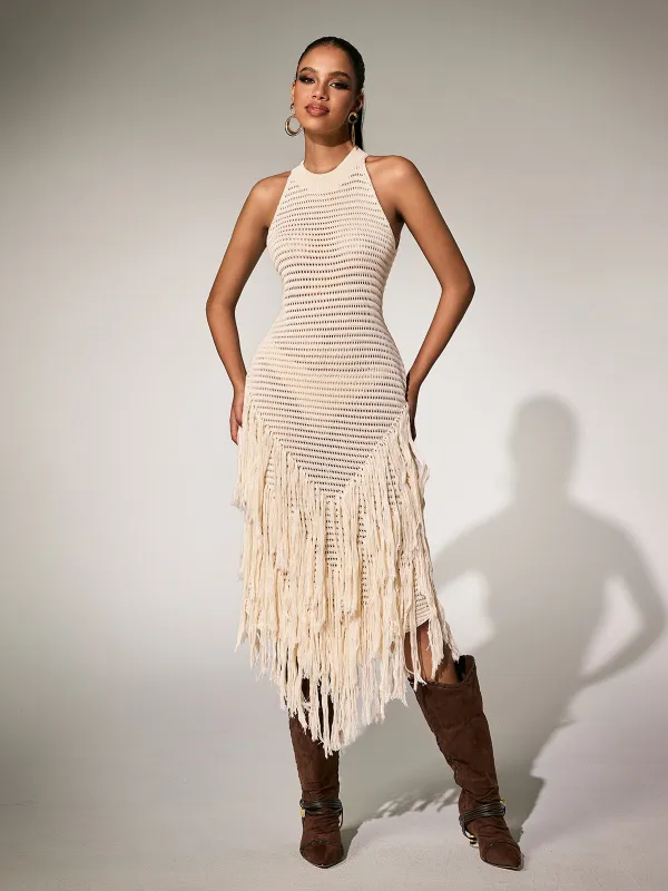 Plyra Sleeveless Knitted Fringe Midi Dress sold by Mew Mews