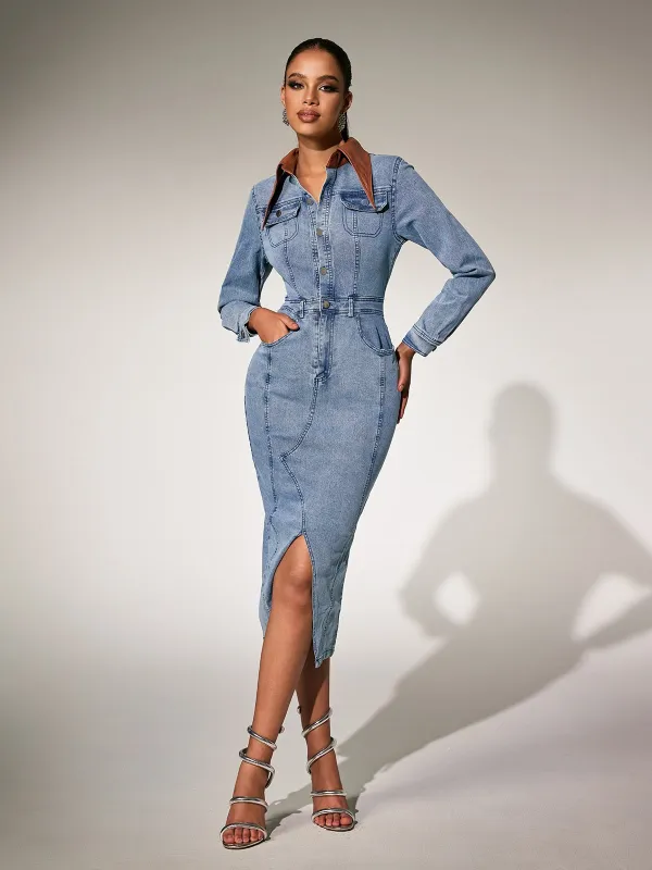 Plthar Folded Collar Split Midi Dress sold by Mew Mews