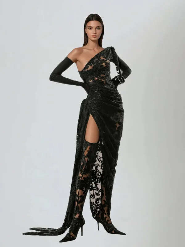 Owena One Shoulder Lace Split Midi Dress sold by Mew Mews