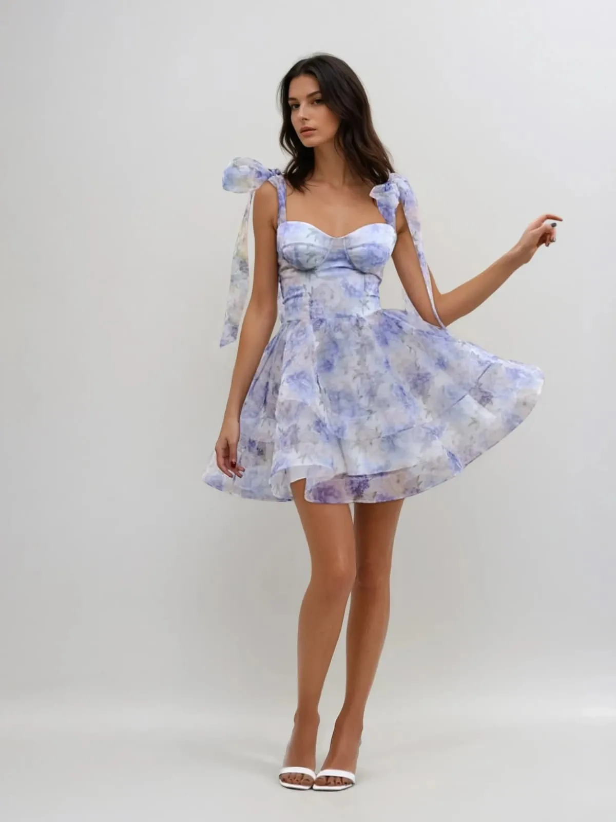 Xaelyth Sleeveless Floral Ruffle Mini Dress In Blue sold by Mew Mews