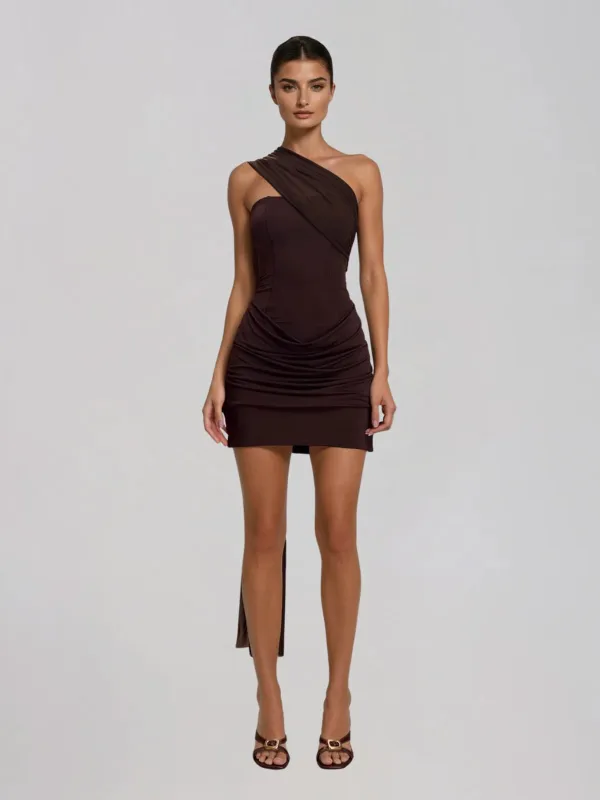 Cyren Ruched Scarf Mini Dress In Coffee sold by Mew Mews
