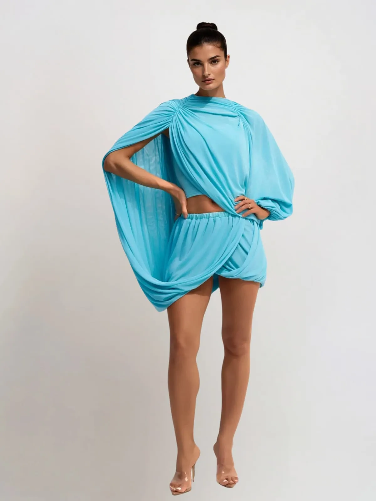 Caelen Shawl Ruched Skirt Set sold by Mew Mews