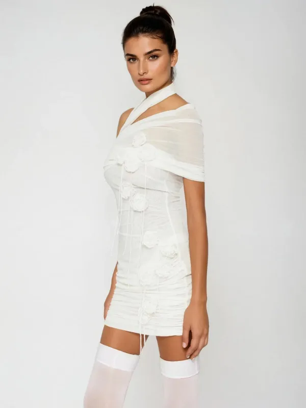 Sarahi Flower Ruched Mesh Mini Dress sold by Mew Mews