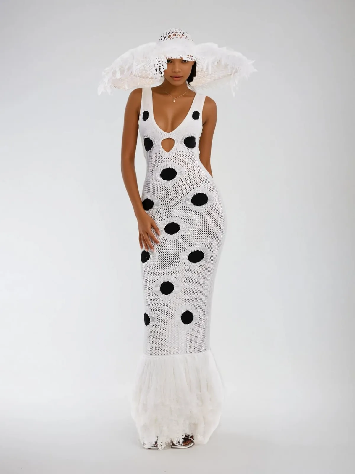 Gaelion Dot Fringe Knitted Midi Dress In White sold by Mew Mews product image thumbnail 2